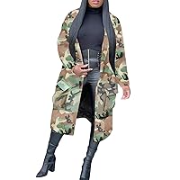 LKOUS Women's Casual Camo Jackets, Camouflage Long Sleeve Long Coats Cardigan Outerwear with Pocket