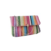 Fashion Cuqui Raffia Shoulder Bag Chain Lapel Tassel Decoration Metal Rainbow Stripe Pattern Crossbody Women Purse