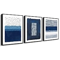 CREOATE Framed Wall Art, 3 Pieces Abstract Blue and White Painting Wall Art for Living Room Decor Framed Canvas Print Artwork Set for Bedroom Bathroom Decor, Ready to Hang (Black Framed)