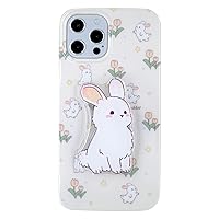 Cream White Floral Bunny Phone Case for iPhone 13 Pro, Cute Korea 3D Rabbit Tulip Flower Cartoon Case with Rabbit Hold Stand for Women Girls