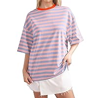 Women Oversized Striped Short Sleeve T-Shirts Color Block Crew Neck Loose Pullover Shirt Trendy Casual Summer Tee Tops