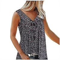 Summer Tank Tops for Women Sleeveless Pleated Front V Neck Shirts Plus Size Flowy Cute Tee Tops Loose Fit Blouses