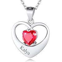 Birthstone Necklace for Women Personalized Family Mothers Child Heart Pendant with 1-5 Names Engraved Sterling Silver/Stainless Steel/18k Gold with Dainty Chain Memorial Gifts for Mom Girls