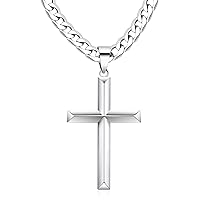 925 Sterling Silver Cross Necklace for Men Women with Stainless Steel Diamond Cut Durable Cuban Link Chain Polished Beveled Edge Cross Chain Pendant Necklace Jewelry 16-28 Inches