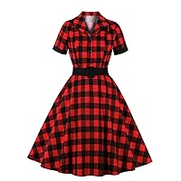 Women 1950s Vintage Buttons Dress Audrey Hepburn Rockabilly Christmas Plaid Cocktail Party Homecoming Swing Dresses