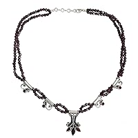 NOVICA Handcrafted Garnet Flower Necklace .925 Sterling Silver Indian Red Pendant Birthstone 'Kerala Carnation'