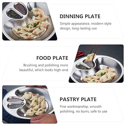 DOITOOL Stainless Steel Dumpling Plate with Sauce Compartment Serving Plate with Sauce Holder Chips and Salsa Plate Japanese Plate Dip Serving Plate with Sauce Divider Sauce Dish