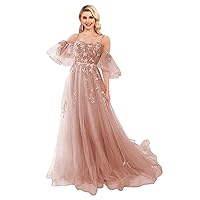 Off Shoulder Tulle Prom Dresses Lace Appliques Formal Dress Long Spaghetti Straps Ball Gown with Puffy Sleeve for Women Dusty Rose