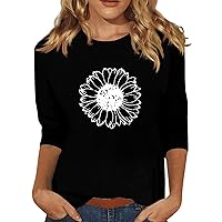 3/4 Length Sleeve Womens Tops, Women's Fashion Casual 3/4 Split Sleeve Small Printed Round Neck Top