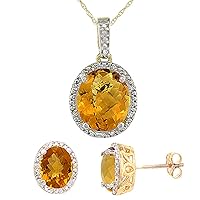 10K Yellow Gold Diamond Halo Natural Whisky Quartz Earrings Necklace Set Oval 7x5mm & 12x10mm, 18 inch