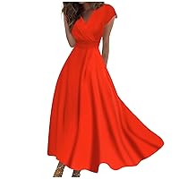 Summer Dresses for Women Flowy Trendy Short Sleeves Maxi Dress Floral Print Elegant Beach Dress V Neck Sundresses