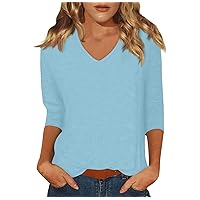 3/4 Length Sleeve Womens Tops,3/4 Sleeve Tops for Women V Neck Solid Color Loose Fit Tunic Blouse 2024 Summer Trendy Basic Shirts Tops for Women Trendy
