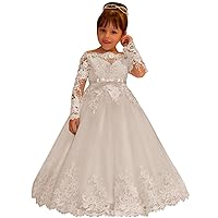 Lace Tulle Flower Girl Dress for Wedding Long Sleeve Princess Dresses Ivory Pageant Party Gown with Bow Size 5