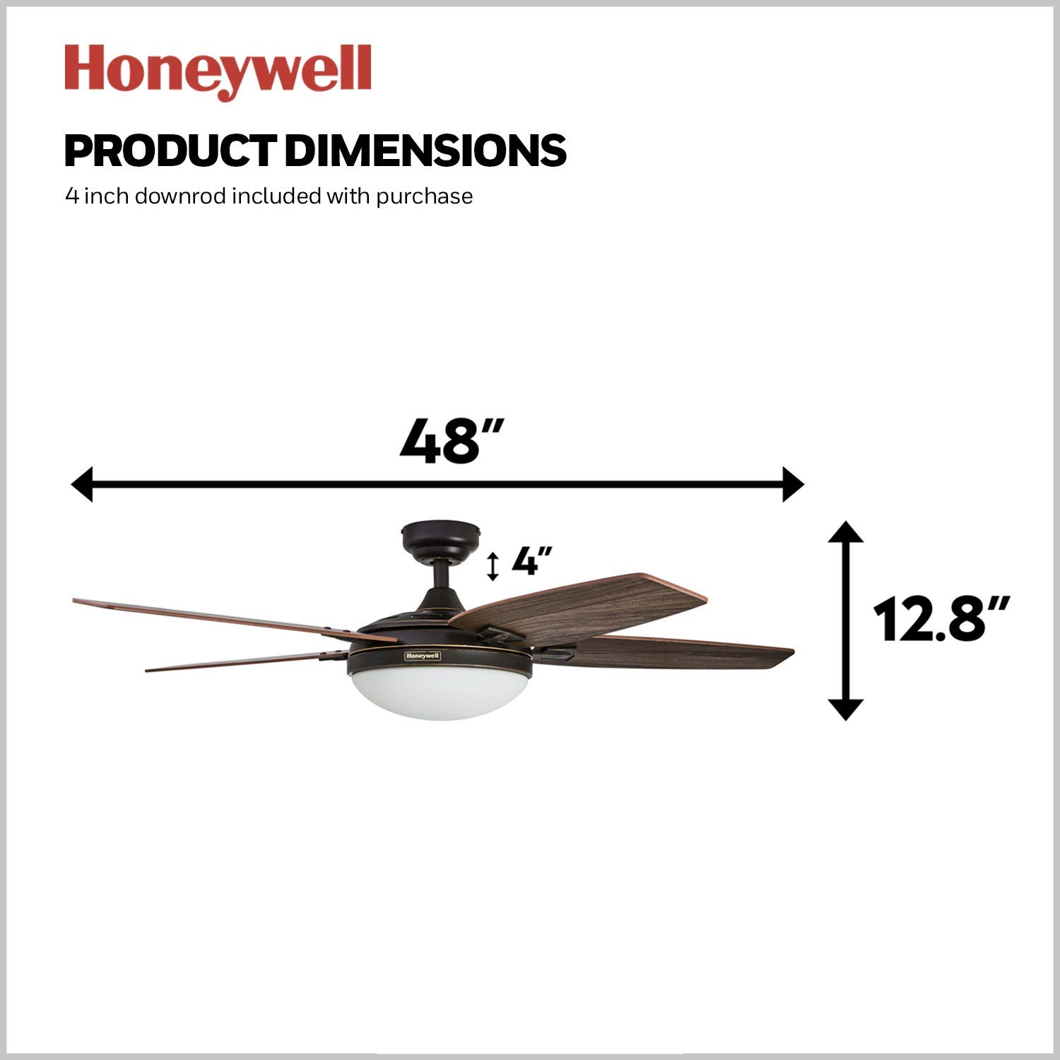 Honeywell Ceiling Fans Carmel, 48 Inch Contemporary Indoor LED Ceiling Fan with Light, Remote Control, Dual Mounting Options, Dual Finish Blades, Reversible Motor - 50197-01 (Bronze)