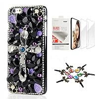STENES Bling Case Compatible with iPhone 5/5S/SE - Stylish - 3D Handmade [Sparkle Series] Luxurious Cross Flowers Design Cover with Screen Protector [2 Pack] - Black