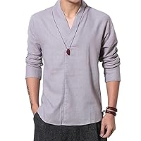 Mens Spring Long Sleeve V-Neck Shirts Men Soft Solid Slim Fit Chinese Style Linen Shirts Male Casual Blouse