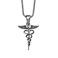 Caduceus Necklace Silver, Medical Symbol Necklace, Staff of Hermes Necklace, Thin Caduceus Pendant, Symbol of Medicine, Gift for Doctors (WITH 24 INCH CHAIN)