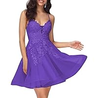 Junior's Tulle Short Homecoming Dresses Spaghetti Straps V-Neck Party Gowns Lace Applique Mini Formal Prom Dress