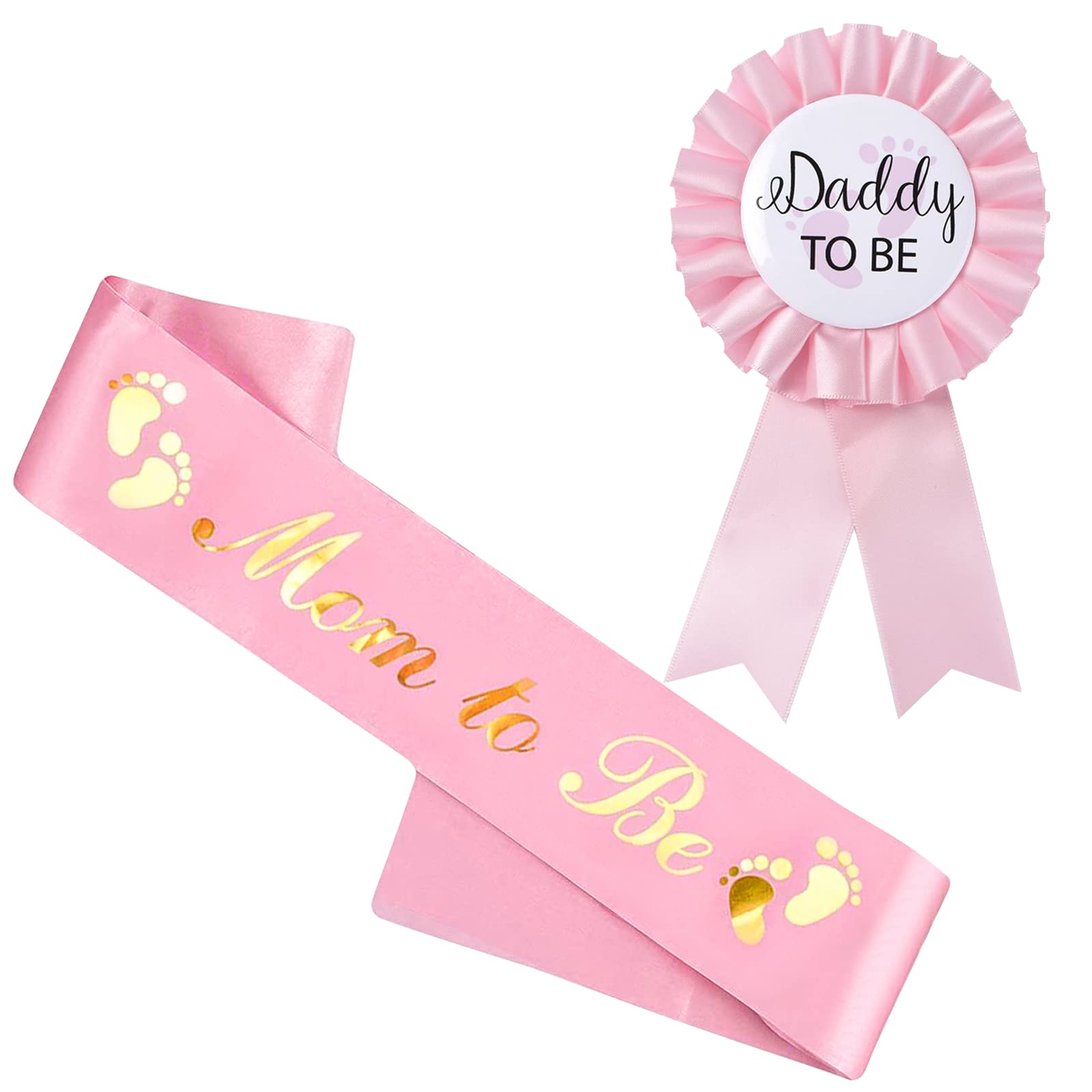 2 Pieces Baby Shower Decorations, Mommy to Be Pink Sash and Daddy to Be Pink Tinplate Badge Baby Welcome Party Gift