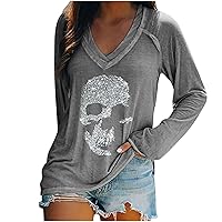 Ceboyel Womens Long Sleeve Shirts Rhinestones Skull Skeleton Tshirts Tees V Neck Tunic Blouses Tops Y2K Trendy Clothing 2023
