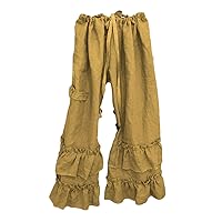 Womens Casual Ruffled Loose Pocket Pants Plus Size Cotton Linen Folds Pants Wide Leg Solid Color Hem Elastic Waisted Trousers (Yellow,XX-Large)