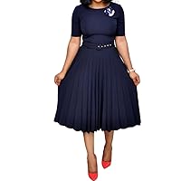 Summer Pleated Mid Length Dress for Women Slim Short Sleeve Office Lady High Waist Solid Dresses with Sashes
