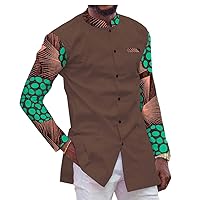 African Men Shirt Dashiki Tops Print Blouse Ankara Fabric Wax Batik Long Sleeve Button with Pocket