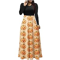 Halloween Dresses for Women Horror Bat Print Cocktail Party Maxi Prom Dress Round Neck Long Sleeve Club Dresses