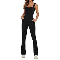 Lingswallow Flare Jumpsuits for Women Bodycon Square Neck Tank Top Wide Leg Full Bodysuit Workout Outfits Onesie with Pockets