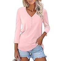Womens Tops Dressy Casual 3/4 Sleeve Shirts Button Down V Neck Blouses Comfy Business Solid Color Tunic Tops