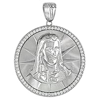 1 inch Round Sterling Silver Micropave CZ Sacred Heart of Jesus Pendant Men and Women Diamond Cut Rhodium Finish