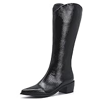 Women soft PU Leather Side Zipper Pointed Toe boots Knee High Chunky Block Heel Boots