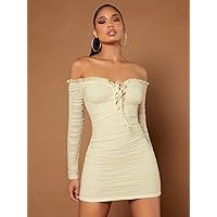 Women's Dress Dresses for Women Off Shoulder Frilled Lace-up Front Ruched Bodycon Dress Dresses for Women (Color : Beige, Size : X-Small)