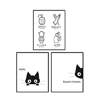 AIOAIFUT Black Bathroom Decor Sets with Cute Cat Pictures, Funny Bathroom Wall Art and Signs, Black and White Wall Decor, Hello Sweet Cheeks Prints, Set of 3, 8 x 10 inches, Unframed
