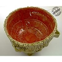 The Lug Basket; High Footed Pottery BOWL Arts + Crafts; red + ochre vessel; Stunning Original ART Pottery Center Piece, by Cathy Peterson. SIGNED.