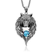 Gifts for Him, Cool Men's Stainless Steel Biker Tribal Wolf Head Pendant Necklace, Blue CZ, 24