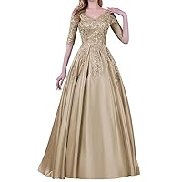 V Neck Mother of Bride Dresses Long Satin Formal Gowns for Women Laces Appliques Evening Dress with Sleeve