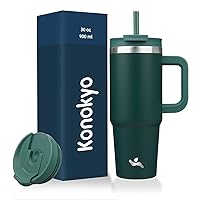 30 oz Tumbler with Handle and 2 Straws,2 in 1 Lid Insulated Water Bottle Stainless Steel Travel Coffee Mug,Dark Green