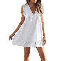 Womens Babydoll Eyelet Dress Plus Size Mini Casual Sundress Summer Ruffle Sleeve V Neck Flowy Vacation Dresses with Pockets