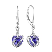 FJ Heart Birthstone Earrings for Women 925 Sterling Silver Leverback Dangle Drop Earrings Jewellery Gifts for Women Girls