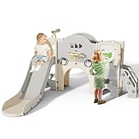 10 in 1 Toddler Slide for Toddlers Age 1-3, Extra-Long Slide with Basketball Hoop Indoor and Outdoor Baby Climber Playset Playground Freestanding Slide (Large, White+Grey)