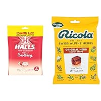 Halls Creamy Strawberry 70 Drops & Ricola Original Swiss Herb 45 Drops Throat Relief Bundle