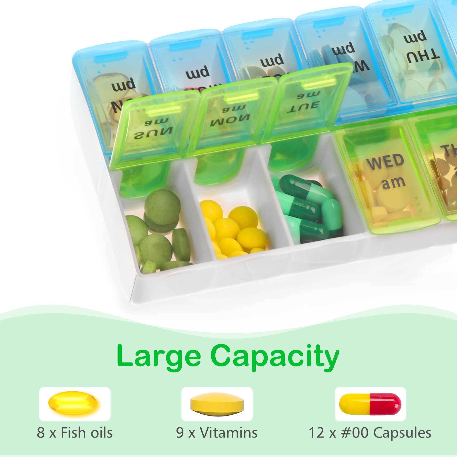 Large Pill Organizer 2 Times a Day, Weekly Pill Box , AM PM Pill Case, Pill Container 7 Day (Green-Blue)