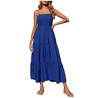 Women's Summer Casual Sleeveless Dress Smocked Tiered Swing A Line Boho Beach Spaghetti Strap Flowy Long Dresses (3X-Large, Blue)