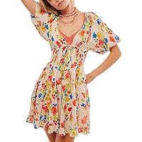 Boho Floral Mini Dress for Women 2024 Y2k Puff Sleeve V Neck Flowy Short Dress Cute Smocked Summer Beach Mini Dress