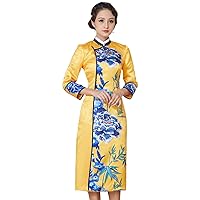 Qipao Autumn and Winter Women Silk Chinese Peony Printed Addition Cotton Cheongsam New Year Evening Dress