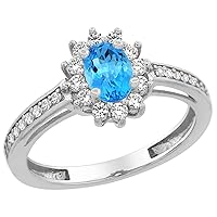 14K White Gold Natural Swiss Blue Topaz Flower Halo Ring Oval 6x4mm Diamond Accents, sizes 5-10