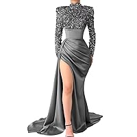 Long Sleeve Round Neck Prom Dresses Glitter Sequins Mermaid Bridesmaid Dresses with Split Formal Evening Ball Gowns