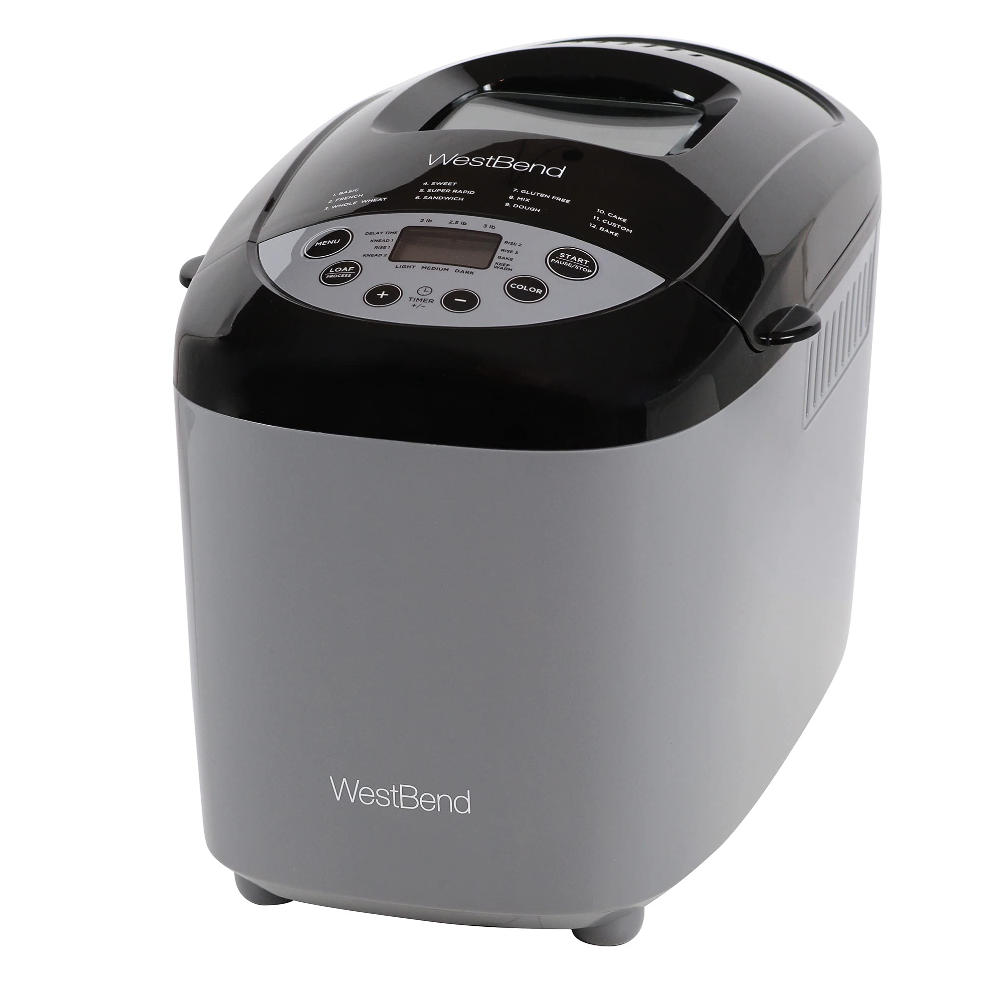 West Bend Hi-Rise Bread Maker Programmable Horizontal Dual Blade with 12 Programs Including Gluten Free, 3-Pound, Gray