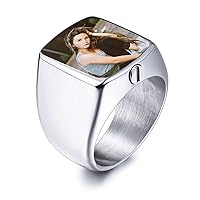 Personalized Stainless Steel Cremation Urn Signet Ring for Men Women Pet Customized Photo/Text Ashes Holder Memorial Jewelry with Funnel Kit